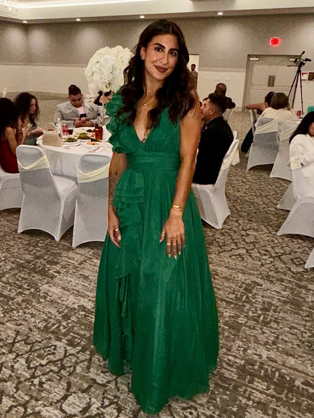 Xscape Emerald Green One-Shoulder Ruffle Evening Gown - Picture 3 of 6